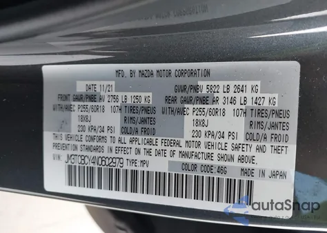 2022 Mazda Cx-9 Touring from USA, damaged, VIN JM3TCBCY4N0602979